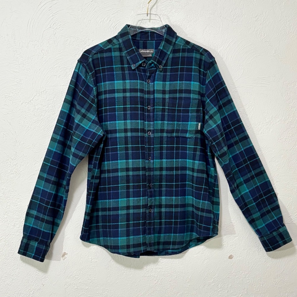 Eddie Bauer Flannel Shirt Mens L Teal Navy Tartan Plaid Cabin Outdoors Camping